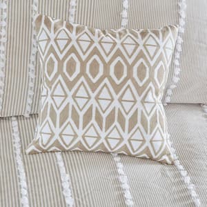 Anslee Taupe Polyester 18 in. x 18 in. Embroidered Square Decorative Throw Pillow