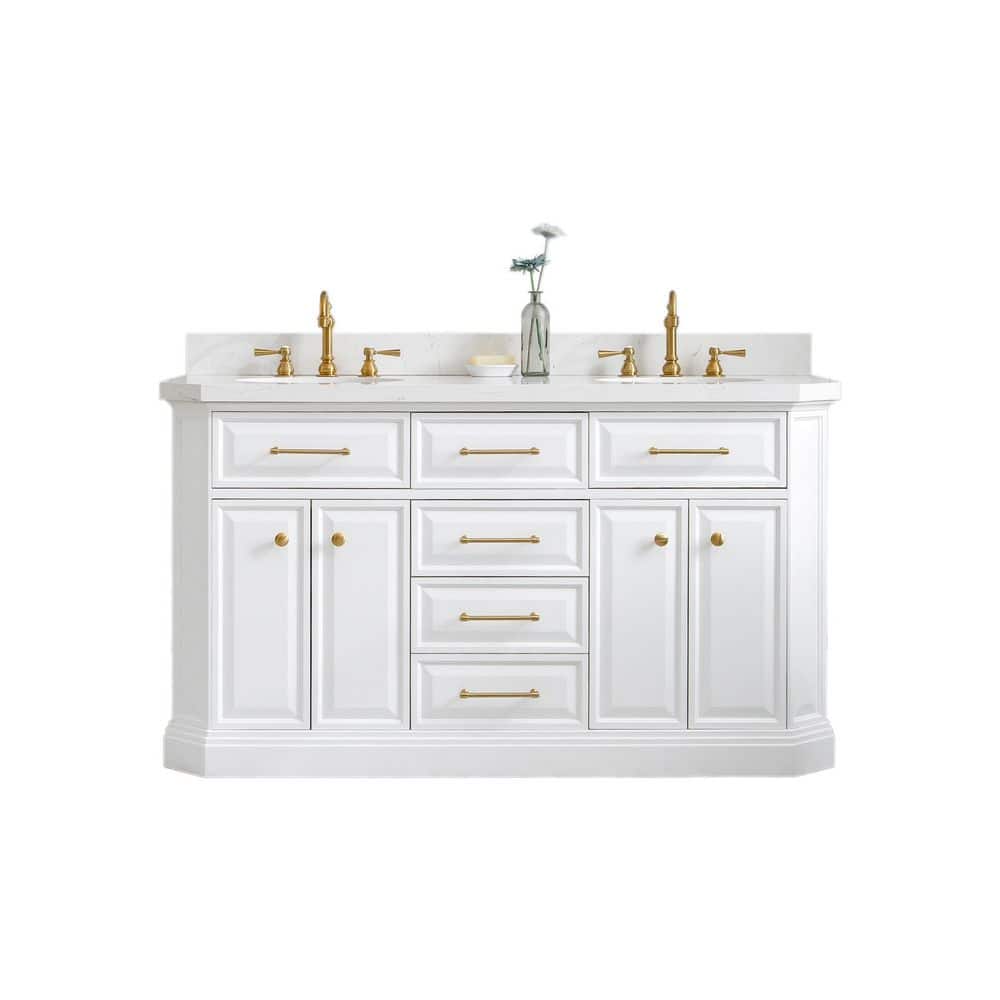 Palace 60 in. W x 22 in. D x 34 in. H Double Sink Bath Vanity in Pure White with Carrara White Quartz Top and Faucets price history on PriceWatchPro