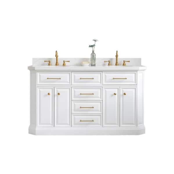 Water Creation Palace 60 in. W x 22 in. D x 34 in. H Double Sink Bath Vanity in Pure White with Carrara White Quartz Top and Faucets