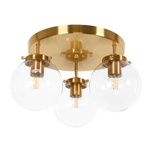 15 in. 3-Light Gold Vintage Cluster Semi-Flush Mount Ceiling Light Fixture with Clear Glass Shades for Hallway