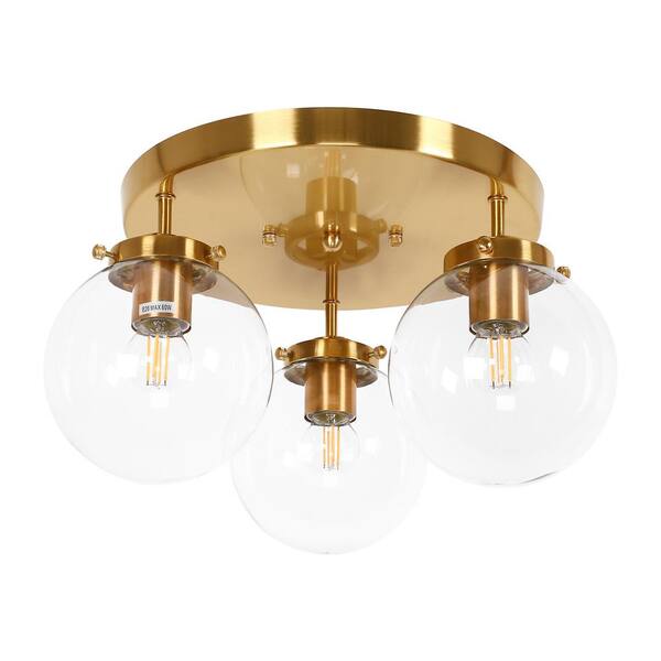 YANSUN 15 in. 3-Light Gold Vintage Cluster Semi-Flush Mount Ceiling Light Fixture with Clear Glass Shades for Hallway