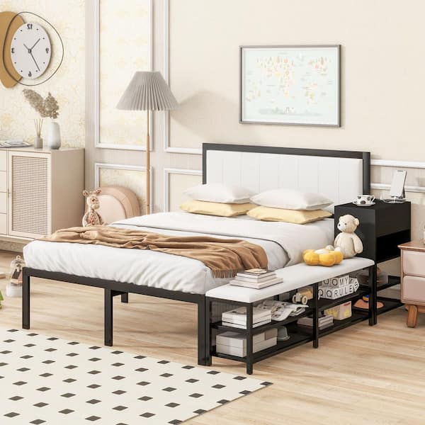 Black Metal Frame Full Size Platform Bed with 2-Shelves and Wooden Cabinet for Kids, No Spring Box Needed
