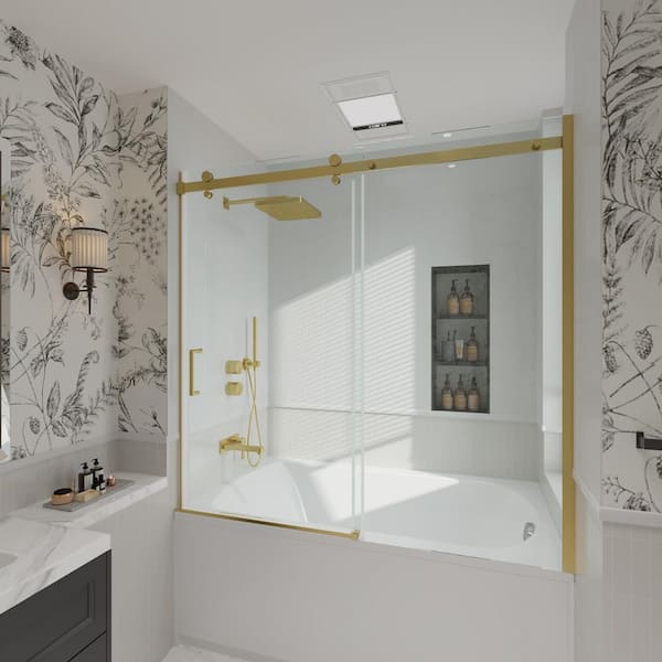 56-60 in. W x 58 in. H Sliding Semi Frameless Tub Door in Brushed Gold with Clear Glass