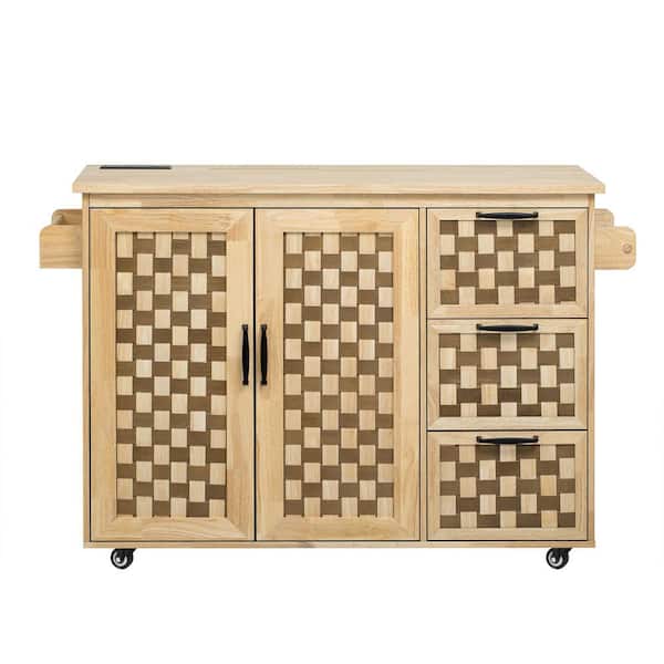 Ximuprmy Natural Brown Wood 53 in. Kitchen Island with 3D Woven Checkerboard Pattern, Drop Leaf and 2-Power Outlet for Outdoors