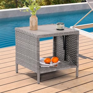 Outdoor PE Grey Rattan Side Table, Square Water-Proof Coffee HIPS Tabletop for Indoor and Outdoor