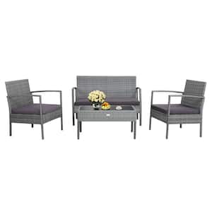 8-Piece Wicker Patio Conversation Set Outdoor Rattan Furniture Set with Grey Cushions