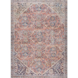 Konstantina 5 ft. X 7 ft. Peach, Pink, Mustard, Red, Beige, Aqua Floral Distressed Transitional Style Washable Area Rug