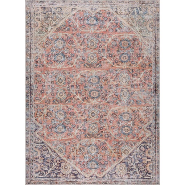 HAUTELOOM Konstantina 6 ft. X 9 ft. Peach, Pink, Mustard, Red, Beige, Aqua Floral Distressed Transitional Style Washable Area Rug