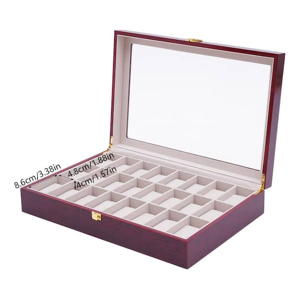 Claret 24 Slots Watch Box Glass Top Display Organizer Jewelry Storage Boxes Holder