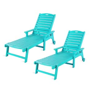 Helen Aruba Blue Recycled Plastic Plywood Outdoor Reclining Chaise Lounge Chairs with Wheels for Poolside (Set of 2)