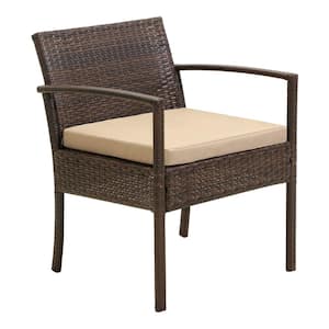 3 Pieces Brown Frame Wicker Patio Conversation Seating Set, 2-Arm Chairs and 1-Coffee Table, with Yellow Cushions