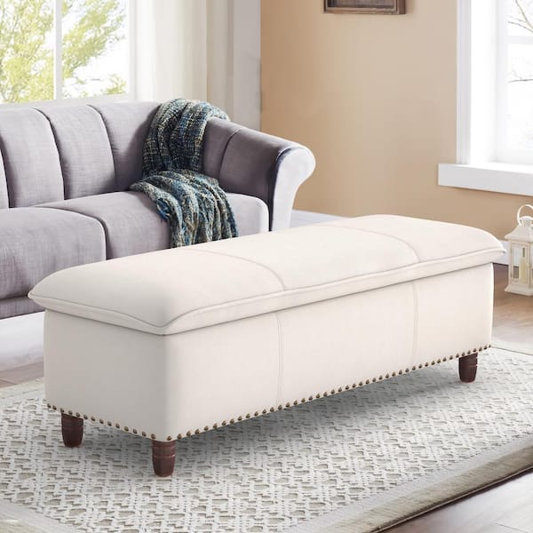 LUE BONA 49in. Ivory Beige Upholstered Fabric Storage Ottoman with Safety Hinge
