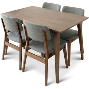 Alma 5-Piece Mid-Century Rectangular Walnut Top 47 in. Dining Table Set with 4 Fabric Dining Chairs in Gray