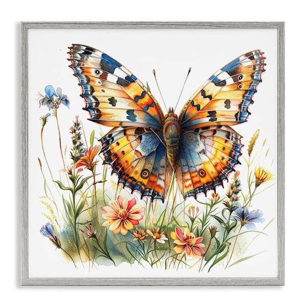 Stupell Industries Summer Garden and Butterfly by LSR Design Studio Gray Framed Animal Giclee Art Print 12 in. x 12 in.