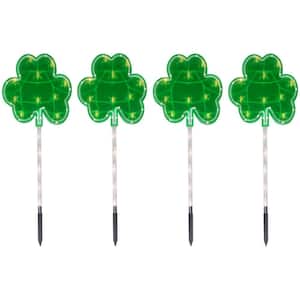 Green St Patrick's Day Shamrock Pathway Marker Lawn Stakes, Clear Lights (4-Count)
