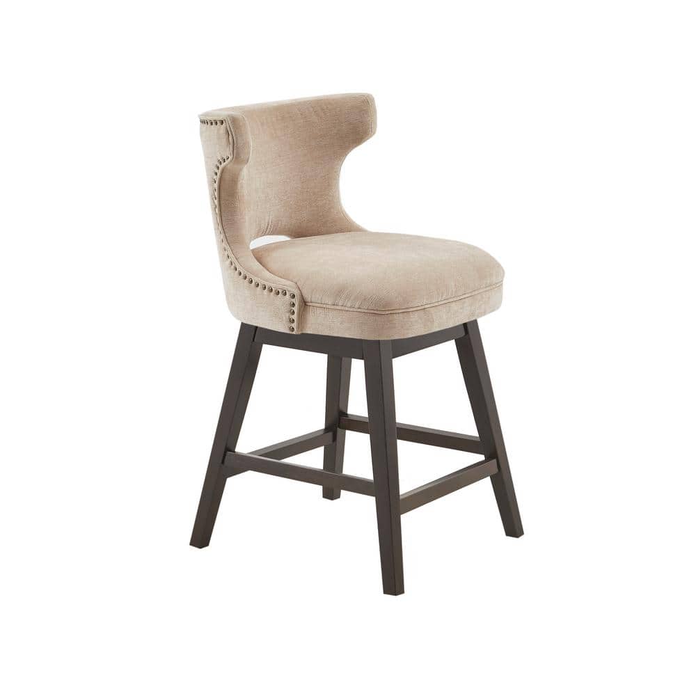 Elegant Beige Fabric and Dark Coffee Wood Swivel Counter Stool