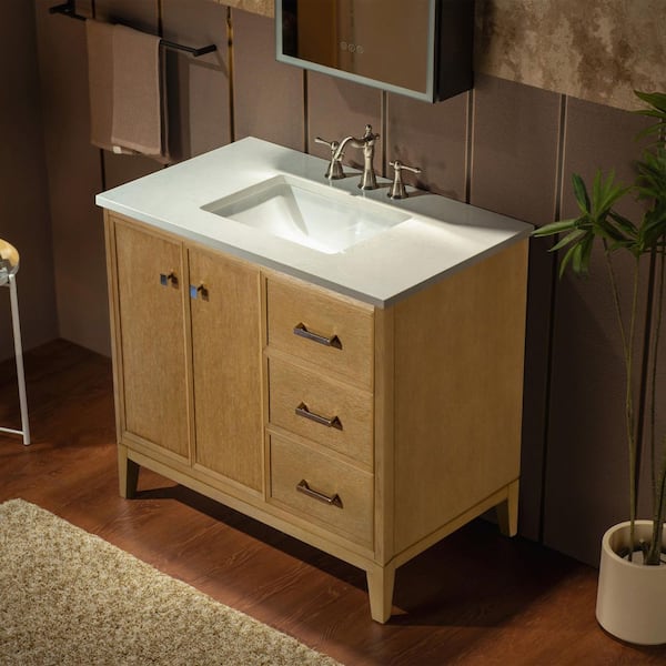 37 in. W x 22 in. D Single Sink Freestanding Bath Vanity in Natural Oak w/ Carrara White Engineered Stone Vanity Top