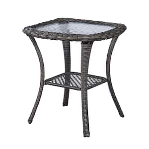 Brown Square Wicker Outdoor Glass Side Table