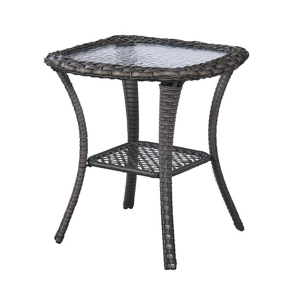 Pocassy Brown Square Wicker Outdoor Glass Side Table