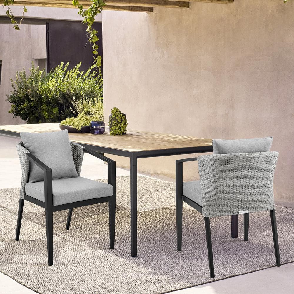 Aileen Gray and Black Aluminum Wicker Outdoor Dining Chairs with Cushions, Set of 2