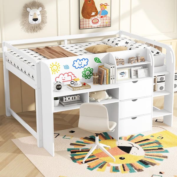 Lu White Full Size Low Loft Bed with Built-in Desk, Storage Cabinets, Ladder, Bookcase, Whiteboard for Graffiti, Drawers