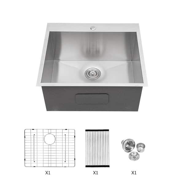 22 in. Drop-In Single Bowl 16-Gauge Brushed Nickel Stainless Steel Kitchen Laundry Sink with Drying Rack