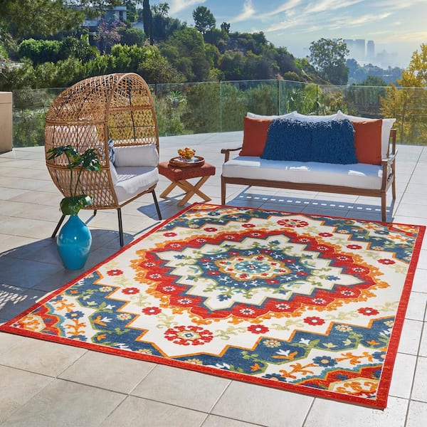 Fosel Arasi Ivory/Red 9 ft. x 13 ft. Center Medallion Indoor/Outdoor Area Rug