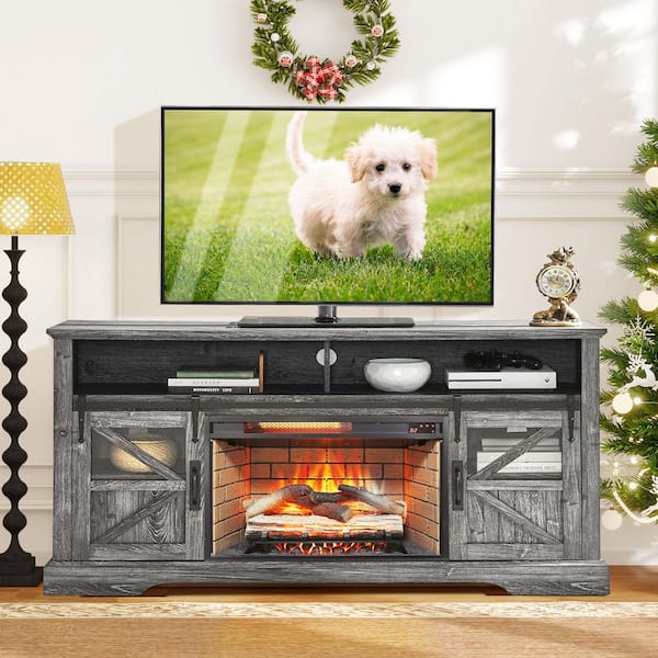 ToolCat 60 in. Freestanding Ultra Thin Tempered Glass Front Smart Electric Fireplace and TV Stand with Remote in Grey