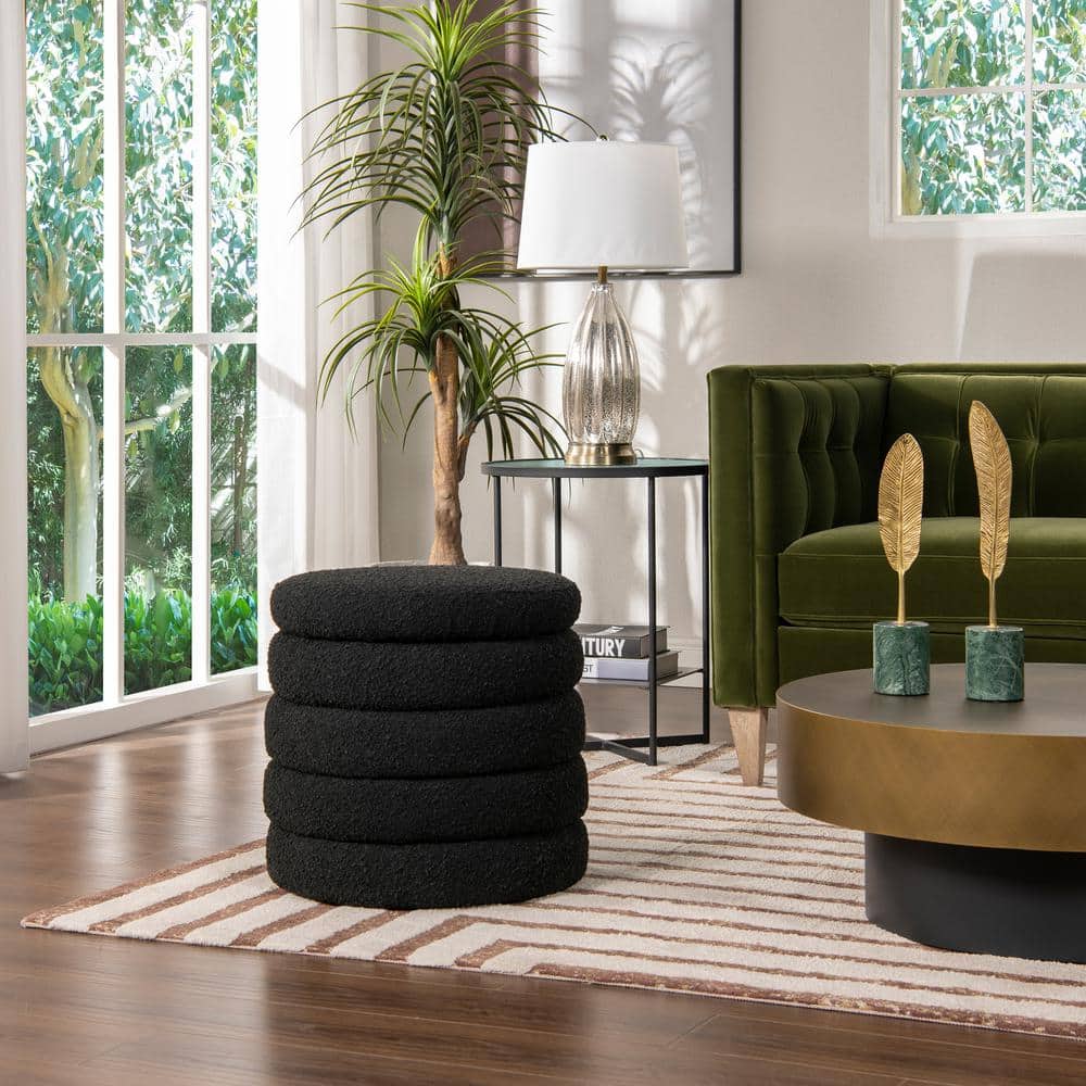 Ebony Black Boucle Round Storage Ottoman with Gathered Embellishment