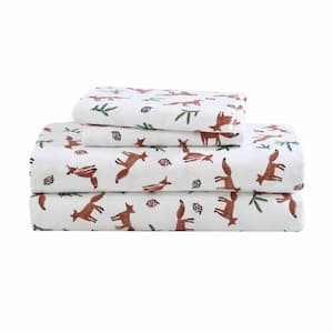 Fox Trail 3-Piece Orange Flannel Cotton Twin XL Sheet Set