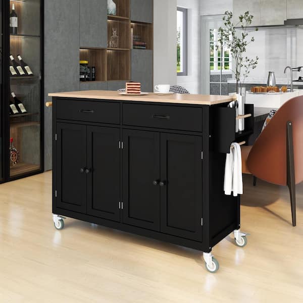 Zeus & Ruta Black Solid Wood Top 54.3 in. Kitchen Island Cart with 4 Door Cabinet Two Drawers 2 Locking Wheels Adjustable Shelves