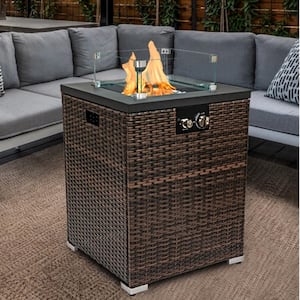 21.7 in. 40000 BTU Wicker Outdoor Propane Fire Pit Column with Glass Wind Guard and Lid, Dark Brown