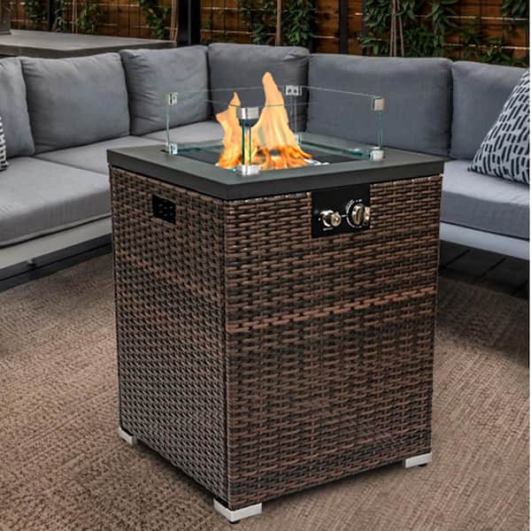 ToolCat 21.7 in. 40000 BTU Wicker Outdoor Propane Fire Pit Column with Glass Wind Guard and Lid, Dark Brown