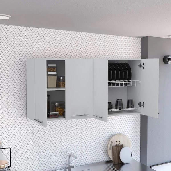 Amucolo 47.2 in. W x 13.1 in. D x 23.6 in. H White Wood Ready to Assemble Wall Kitchen Cabinet with Shelves and Four Doors