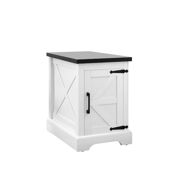 Unbranded 23.94 in. H White Wood Rectangle Outdoor Side Table with Barn Door and Adjustable Shelf for Living Room, Bedroom