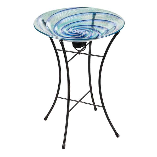 Evergreen Blue 15 in. Swirl Glass Birdbath with Solar Stand