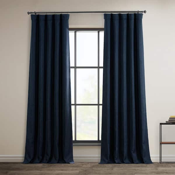 Nightfall Navy Blue Faux Linen Room Darkening Curtain - 50 in. W x 96 in. L (1 Panel)