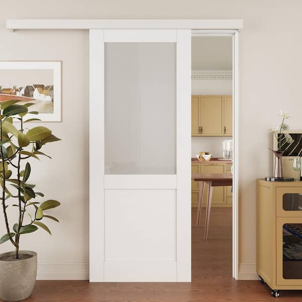 EH PUERTA 32 in. x 80 in. Hidden Track Style 1/2 Lite Frosted Glass White Primed MDF Sliding Barn Door with Hardware Kit