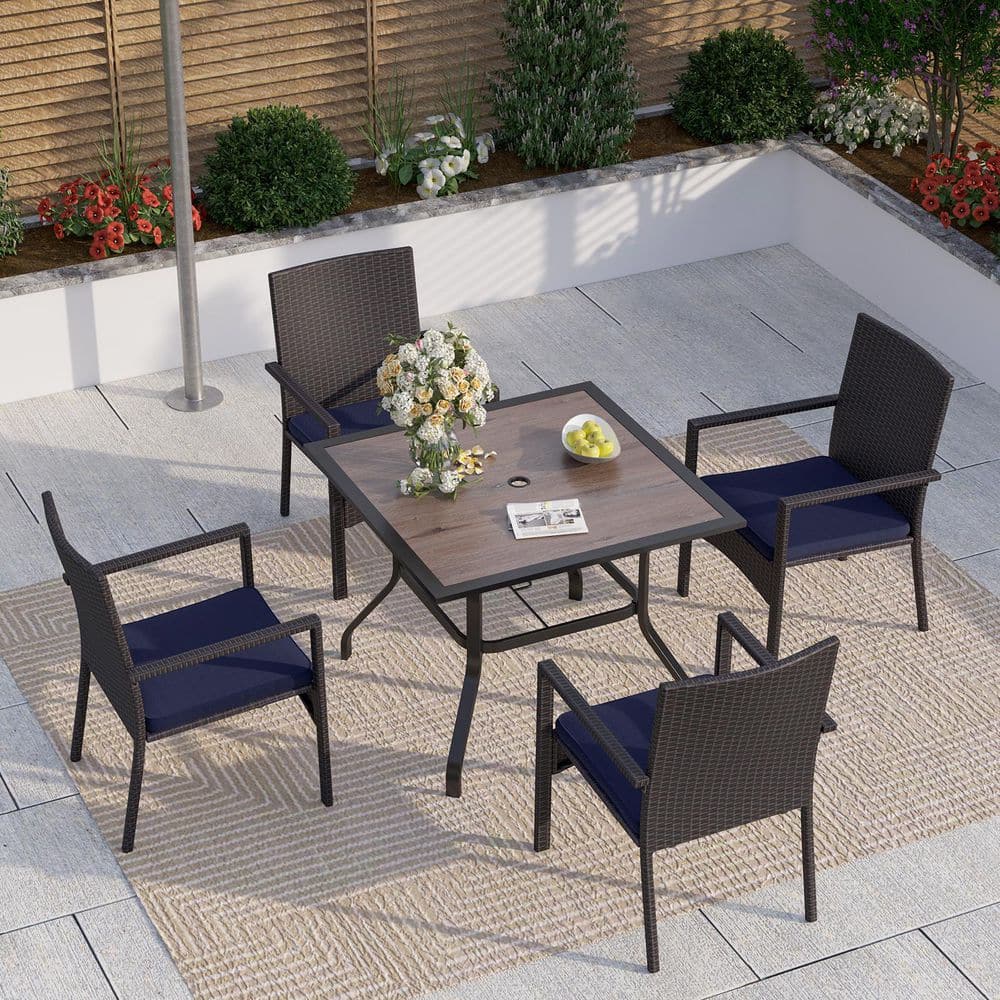 5-Piece Patio Outdoor Dining Set with Square Wood-look Tabletop and Rattan Chair with Blue Cushion -  PHI VILLA, THD5-0605-098