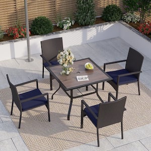 5-Piece Patio Outdoor Dining Set with Square Wood-look Tabletop and Rattan Chair with Blue Cushion