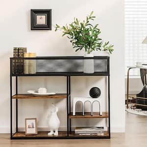 39.5 in. Brown Rectangle Wood 4-Tier Console Table with Wire Basket Narrow Sofa Table with shelf Industrial Bookcase