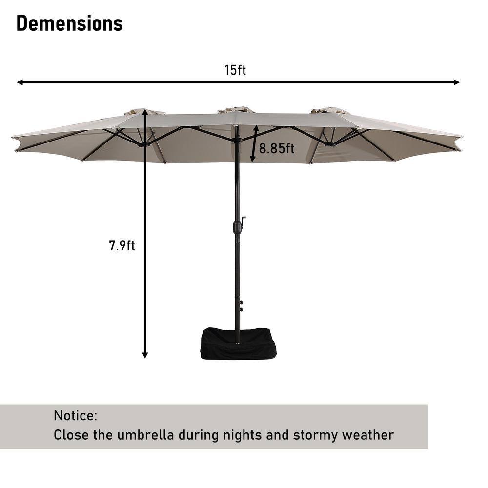 Beige 15-ft Steel Double-Sided Patio Umbrella with Base