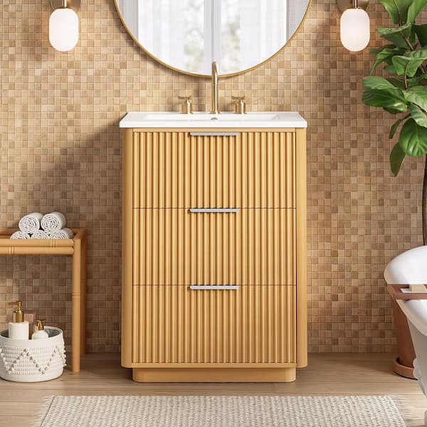 Natural Wood 34 in. H Accent Storage Cabinet, Bathroom Vanity with Ceramic Sink,Open Shelf & Closed Storage for Bathroom