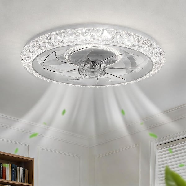 19 in. White Bladeless Flush Mount Ceiling Fan Light with Remote, 7-Leaf Modern Low Profile Design for Bedroom