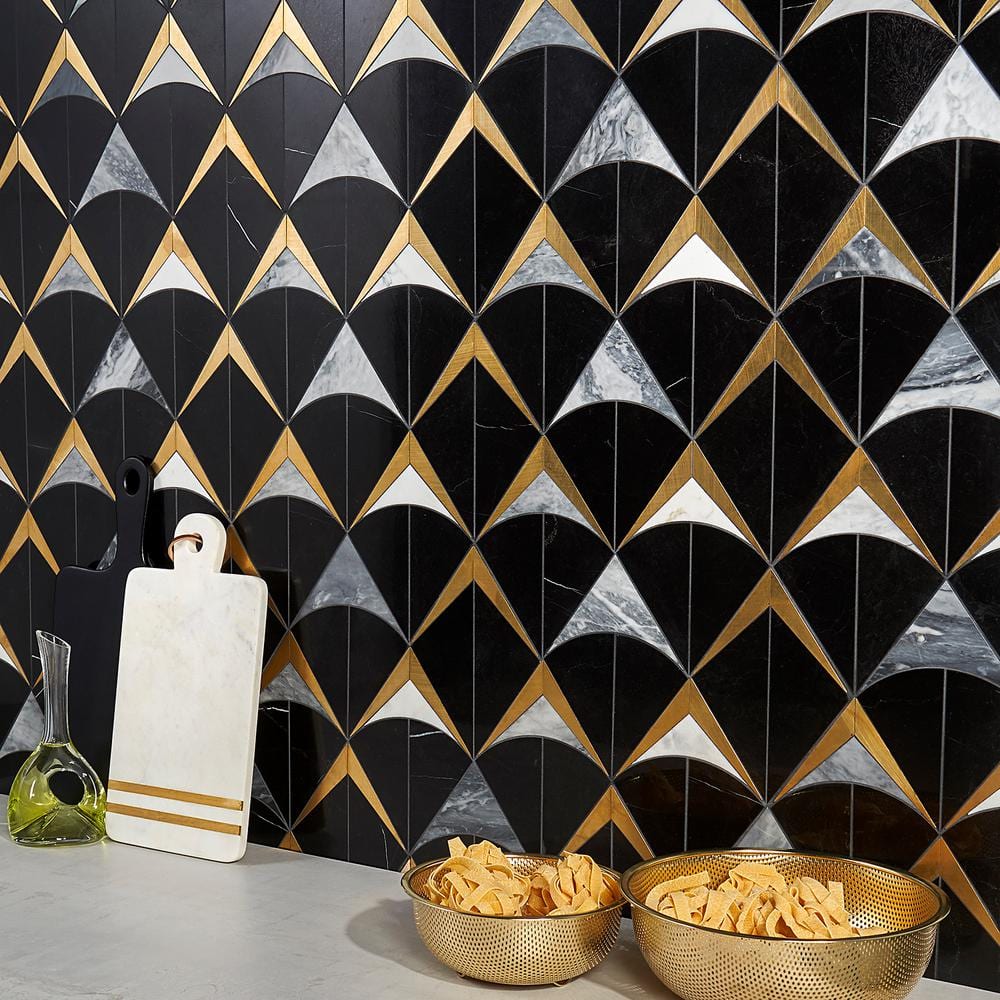 Larvotto Black Marble and Brass Diamond Mosaic Wall Tile
