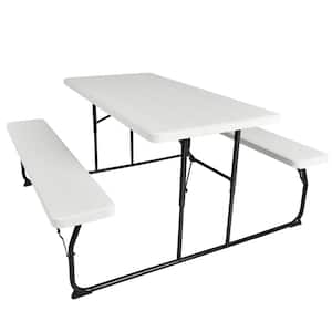 White Metal Indoor & Outdoor Folding Picnic Table with Bench Seat Heavy-Duty Portable Camping Table Set