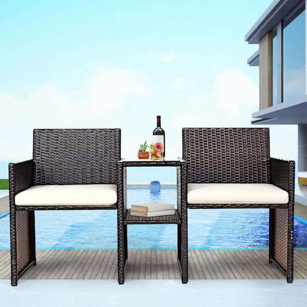 Liviza 3-Piece Metal Patio Rattan Conversation Cushioned Set with White Cushions