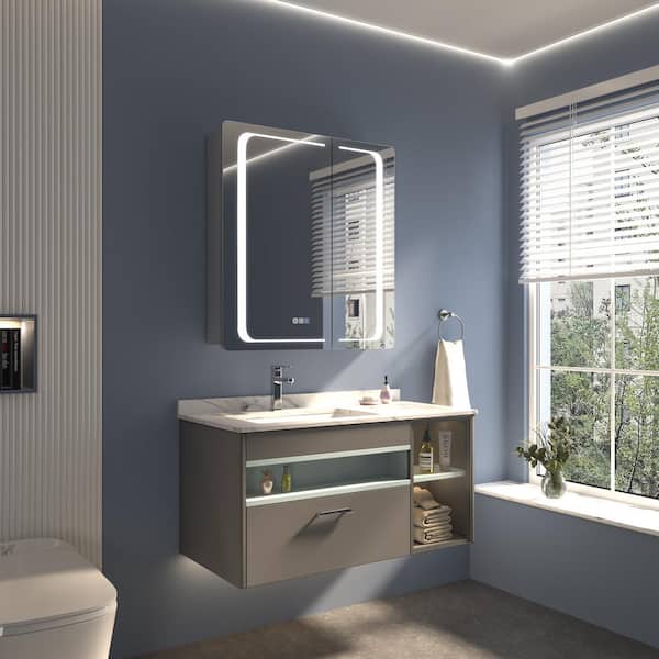 Fresca Spazio 30-in x 36-in Lighted LED Fog Free Surface/Recessed Mount LED Lighting Mirror Mirrored Soft Close Medicine Cabinet with Outlet