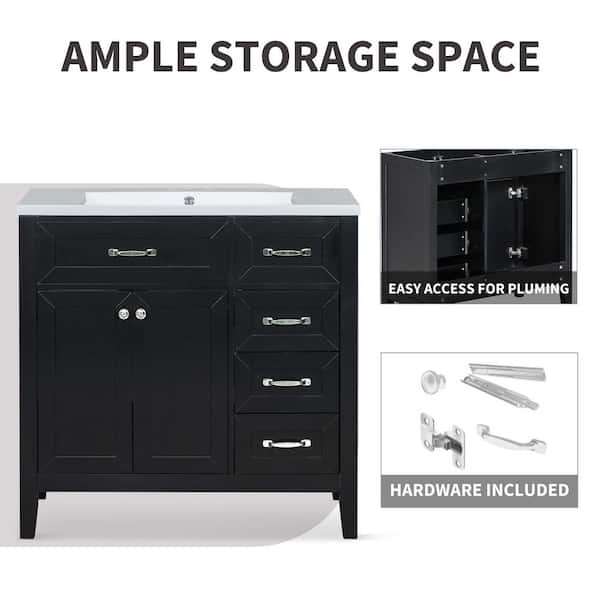 Ximuprmy 36 in. Bath Vanity Cabinet without Top in Black, Solid