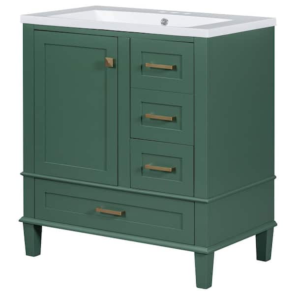 Unbranded 30 in. W x 18 in. D x 34 in. H Freestanding Bath Vanity in Green with White Resin Top and Soft Closing Door